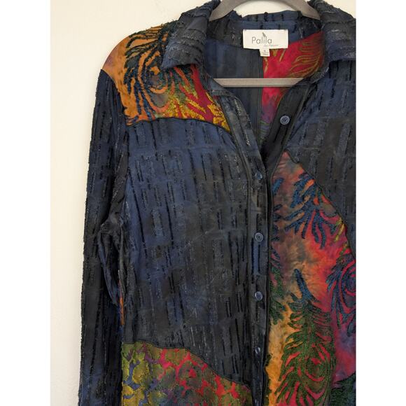 Palila Cardigan Embroidered Batik Tie Dye Velvet Boho Art to Wear Blue Size S - Picture 2 of 11